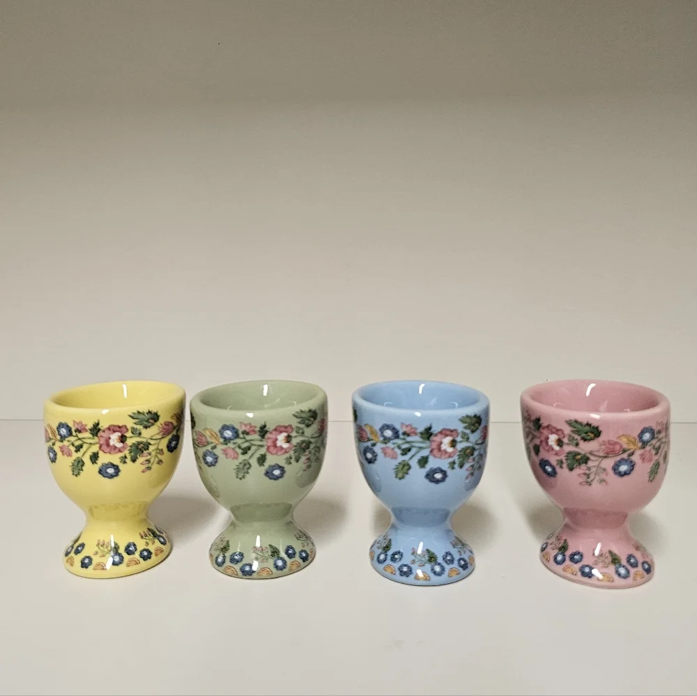 Pottery Barn Floral  Ceramic Botanical Bunny Egg Cups Set - Pastel Colors